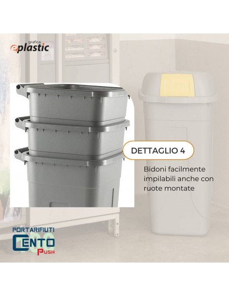 Set 4 bidoni 100 litri per raccolta differenziata - fondo grigio e alette basculanti colorate