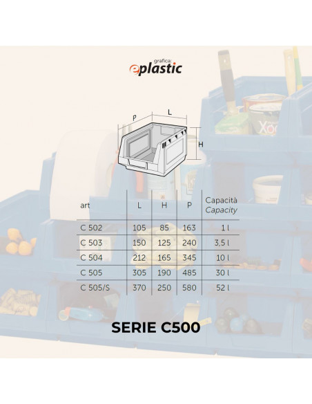 Set 9 contenitori in PEHD a bocca di lupo L 15 x H 12,5 x P 24 cm