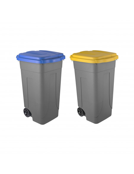 Set 2 bidoni 100 litri per raccolta differenziata - fondo grigio e coperchi colorati
