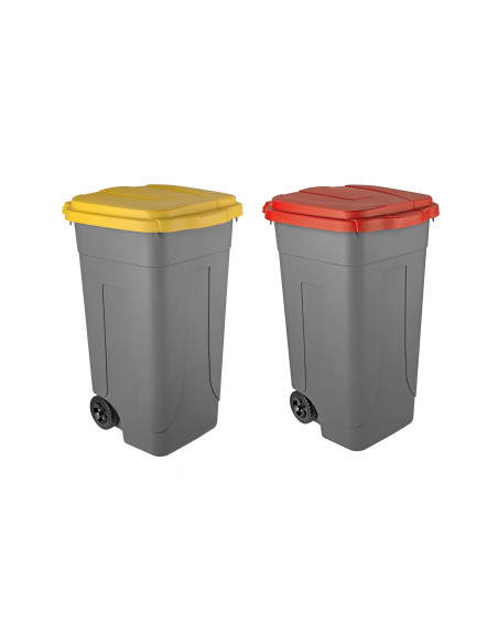Set 2 bidoni 100 litri per raccolta differenziata - fondo grigio e coperchi colorati