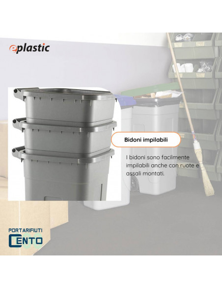 Set 2 bidoni 100 litri per raccolta differenziata - fondo grigio e coperchi colorati