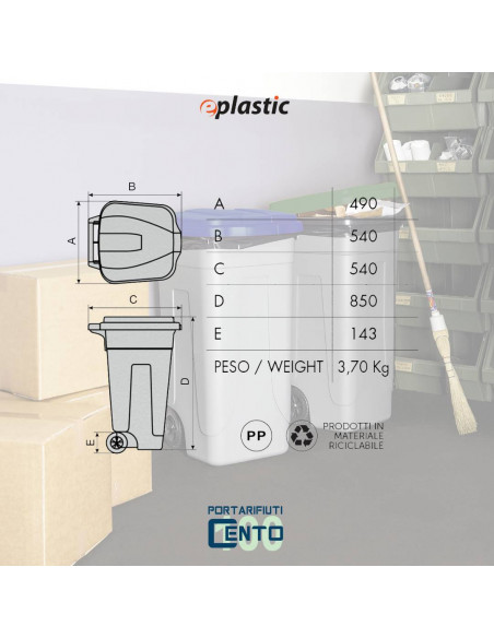 Set 2 bidoni 100 litri per raccolta differenziata - fondo grigio e coperchi colorati