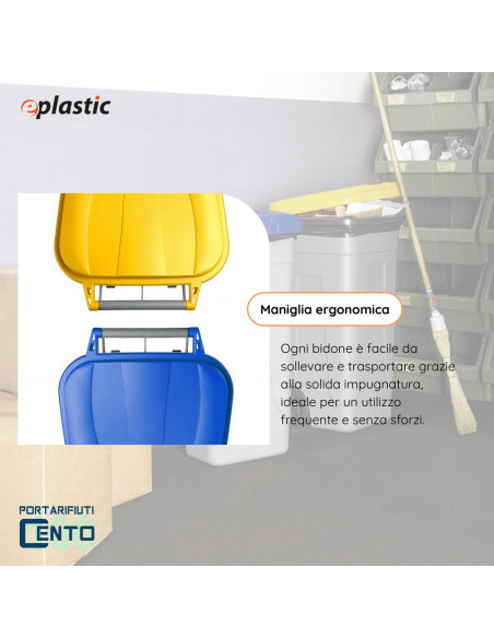 Set 2 bidoni 100 litri per raccolta differenziata - fondo grigio e coperchi colorati