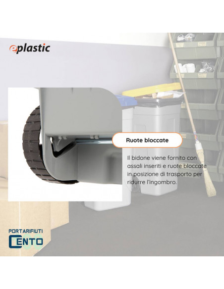 Set 2 bidoni 100 litri per raccolta differenziata - fondo grigio e coperchi colorati