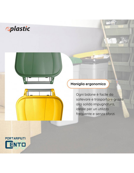 Set 2 bidoni 100 litri per raccolta differenziata - fondo grigio e coperchi colorati