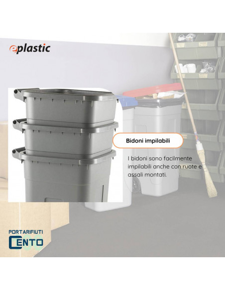 Set 2 bidoni 100 litri per raccolta differenziata - fondo grigio e coperchi colorati