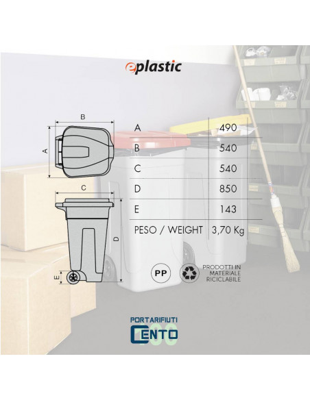 Set 2 bidoni 100 litri per raccolta differenziata - fondo grigio e coperchi colorati