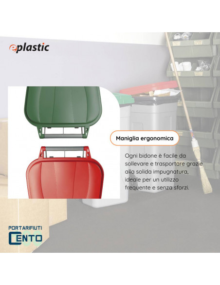 Set 2 bidoni 100 litri per raccolta differenziata - fondo grigio e coperchi colorati