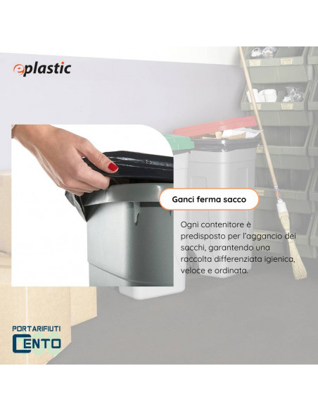 Set 2 bidoni 100 litri per raccolta differenziata - fondo grigio e coperchi colorati