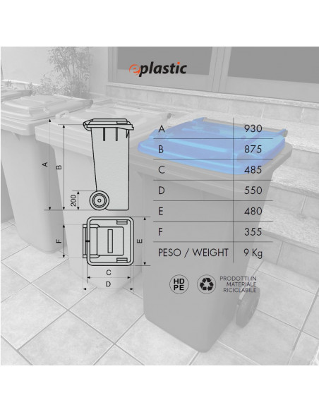 Bidone carrellato bicolor 120 litri per raccolta differenziata