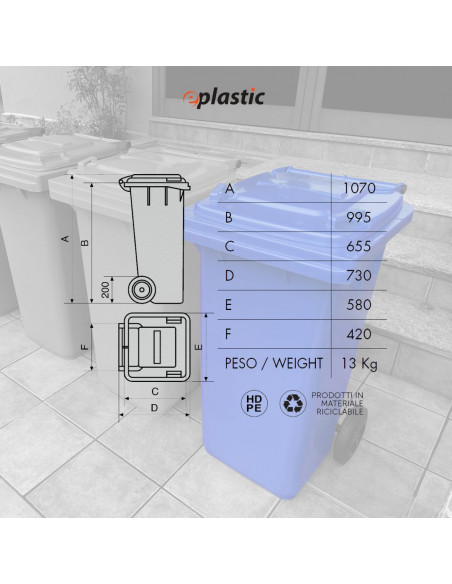 Bidone carrellato monocolore 240 litri per raccolta differenziata