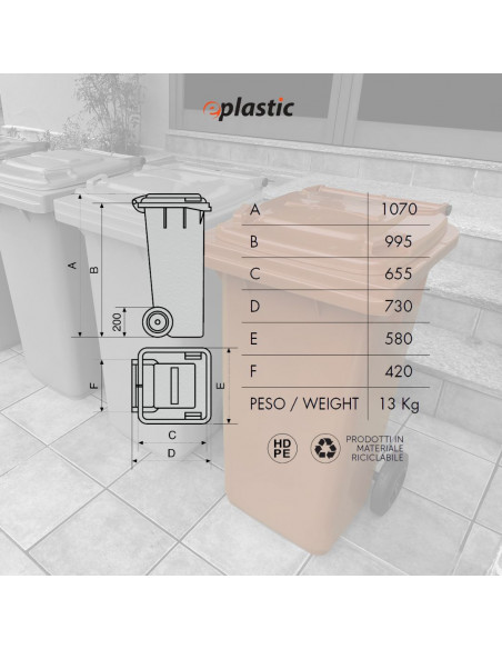 Bidone carrellato monocolore 240 litri per raccolta differenziata
