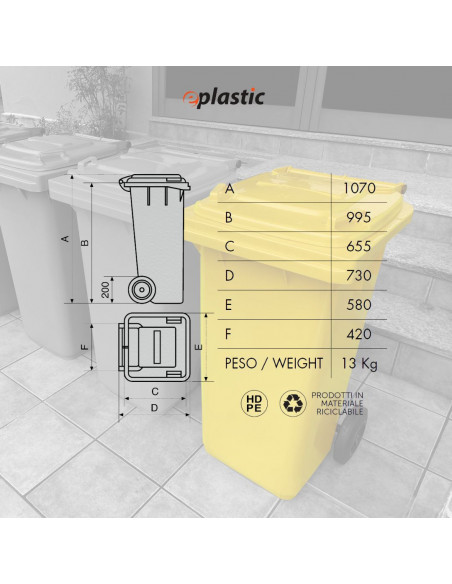 Bidone carrellato monocolore 240 litri per raccolta differenziata