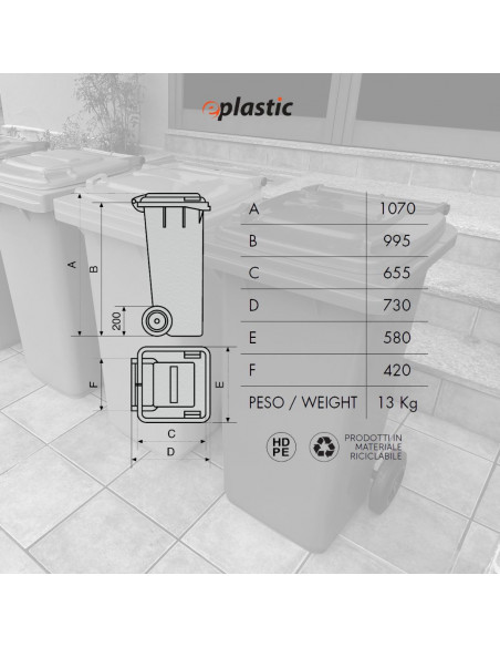 Bidone carrellato monocolore 240 litri per raccolta differenziata