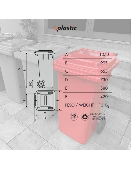 Bidone carrellato monocolore 240 litri per raccolta differenziata