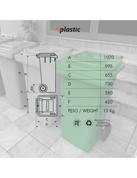 Bidone carrellato monocolore 240 litri per raccolta differenziata