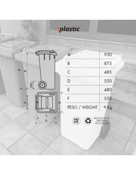 Bidone carrellato monocolore 120 litri per raccolta differenziata
