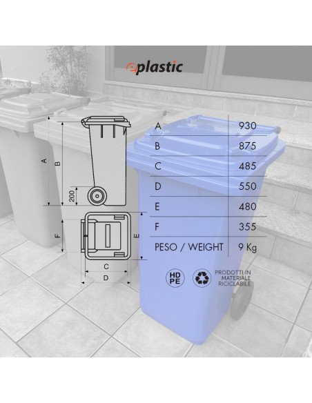 Bidone carrellato monocolore 120 litri per raccolta differenziata