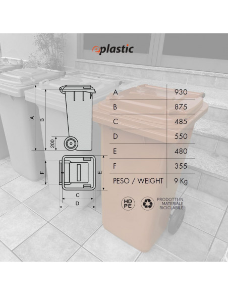 Bidone carrellato monocolore 120 litri per raccolta differenziata