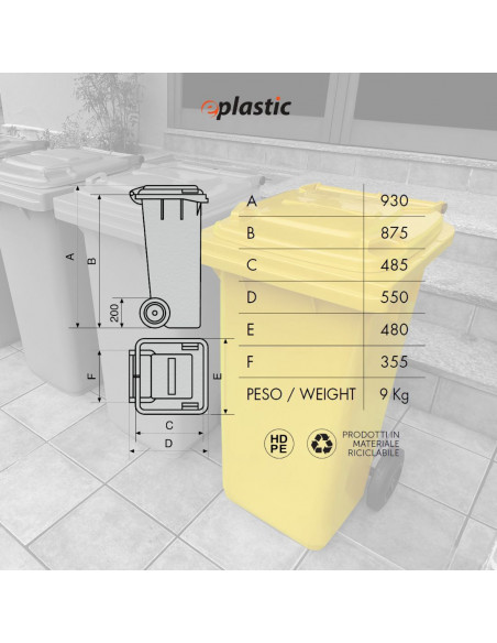Bidone carrellato monocolore 120 litri per raccolta differenziata