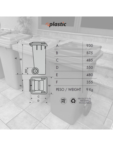 Bidone carrellato monocolore 120 litri per raccolta differenziata