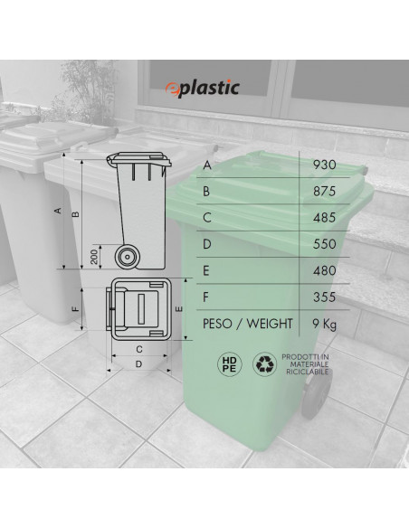 Bidone carrellato monocolore 120 litri per raccolta differenziata