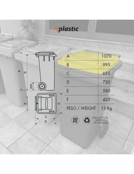 Bidone carrellato bicolor 240 litri per raccolta differenziata
