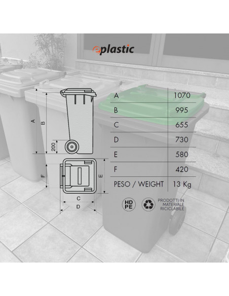 Bidone carrellato bicolor 240 litri per raccolta differenziata