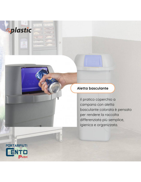 Bidone 100 litri con ruote e coperchio a campana per raccolta differenziata