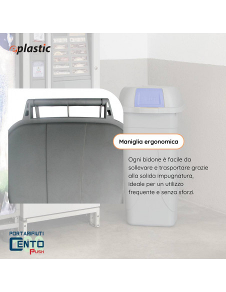 Bidone 100 litri con ruote e coperchio a campana per raccolta differenziata