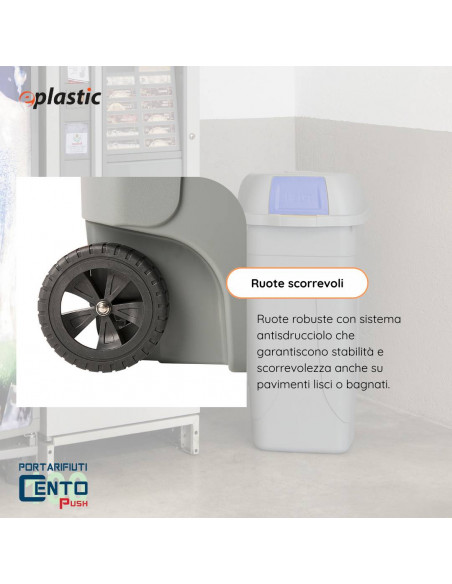 Bidone 100 litri con ruote e coperchio a campana per raccolta differenziata