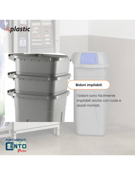 Bidone 100 litri con ruote e coperchio a campana per raccolta differenziata