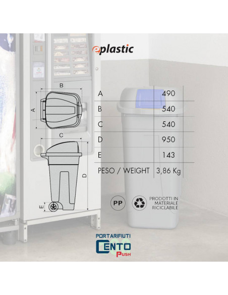 Bidone 100 litri con ruote e coperchio a campana per raccolta differenziata