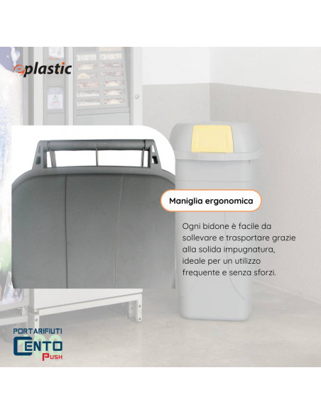 Bidone 100 litri con ruote e coperchio a campana per raccolta differenziata