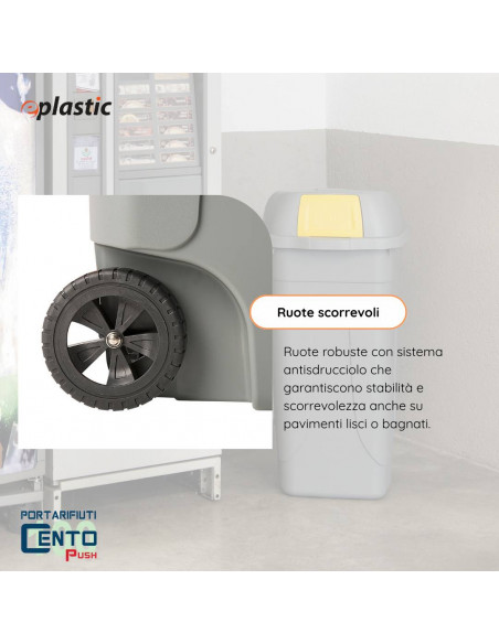 Bidone 100 litri con ruote e coperchio a campana per raccolta differenziata