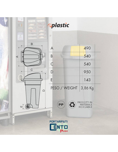 Bidone 100 litri con ruote e coperchio a campana per raccolta differenziata