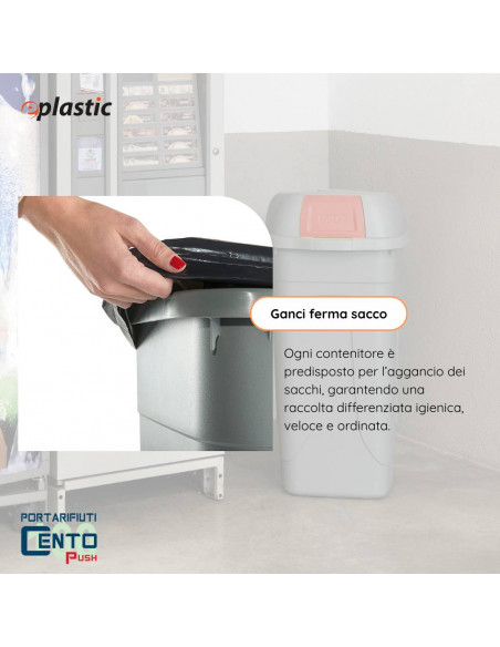 Bidone 100 litri con ruote e coperchio a campana per raccolta differenziata