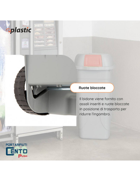 Bidone 100 litri con ruote e coperchio a campana per raccolta differenziata