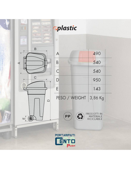 Bidone 100 litri con ruote e coperchio a campana per raccolta differenziata