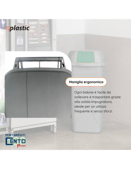 Bidone 100 litri con ruote e coperchio a campana per raccolta differenziata