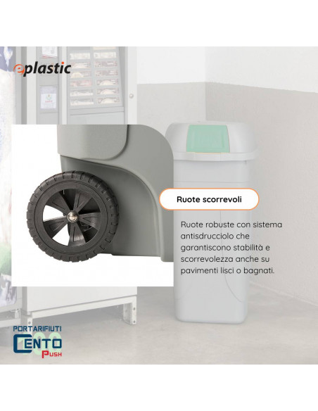 Bidone 100 litri con ruote e coperchio a campana per raccolta differenziata