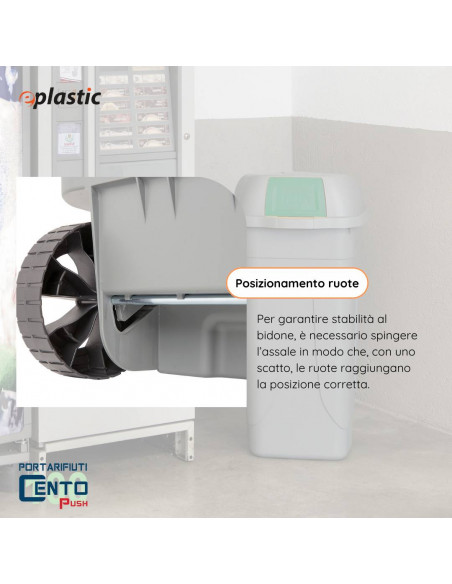 Bidone 100 litri con ruote e coperchio a campana per raccolta differenziata