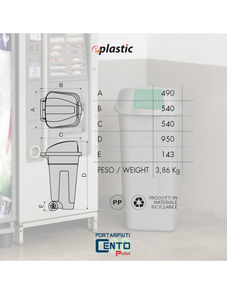 Bidone 100 litri con ruote e coperchio a campana per raccolta differenziata